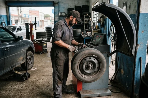 Técnico equilibrando rodas com equipamento especializado em uma borracharia.