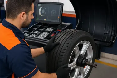 Técnico equilibrando rodas em um equipamento especializado.