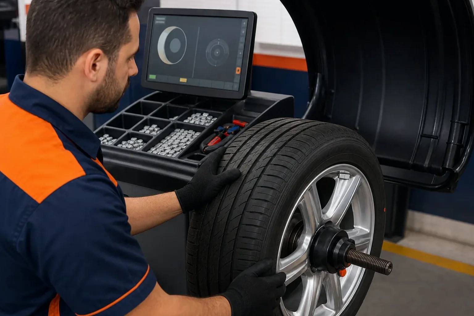 Técnico equilibrando rodas em um equipamento especializado.