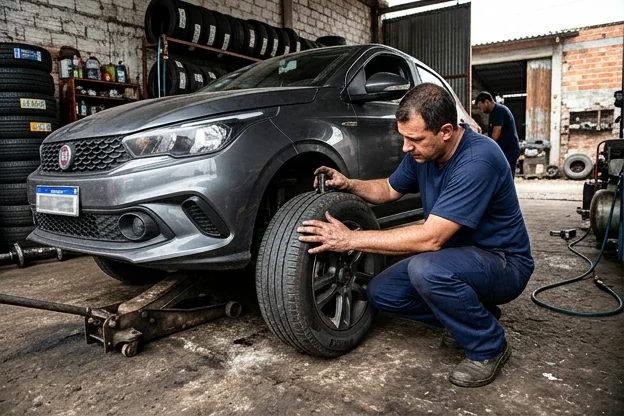 Técnico examinando pneus de um carro em uma borracharia.