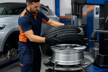 Técnico realizando a troca de pneus em um veículo.
