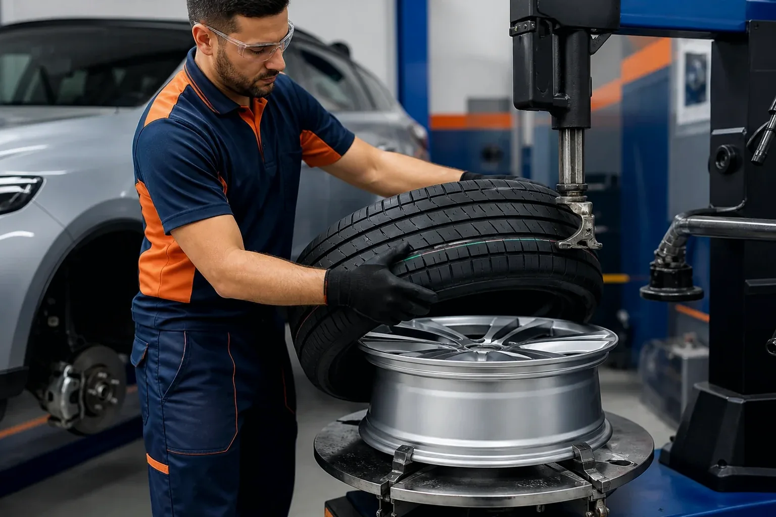 Técnico realizando a troca de pneus em um veículo.